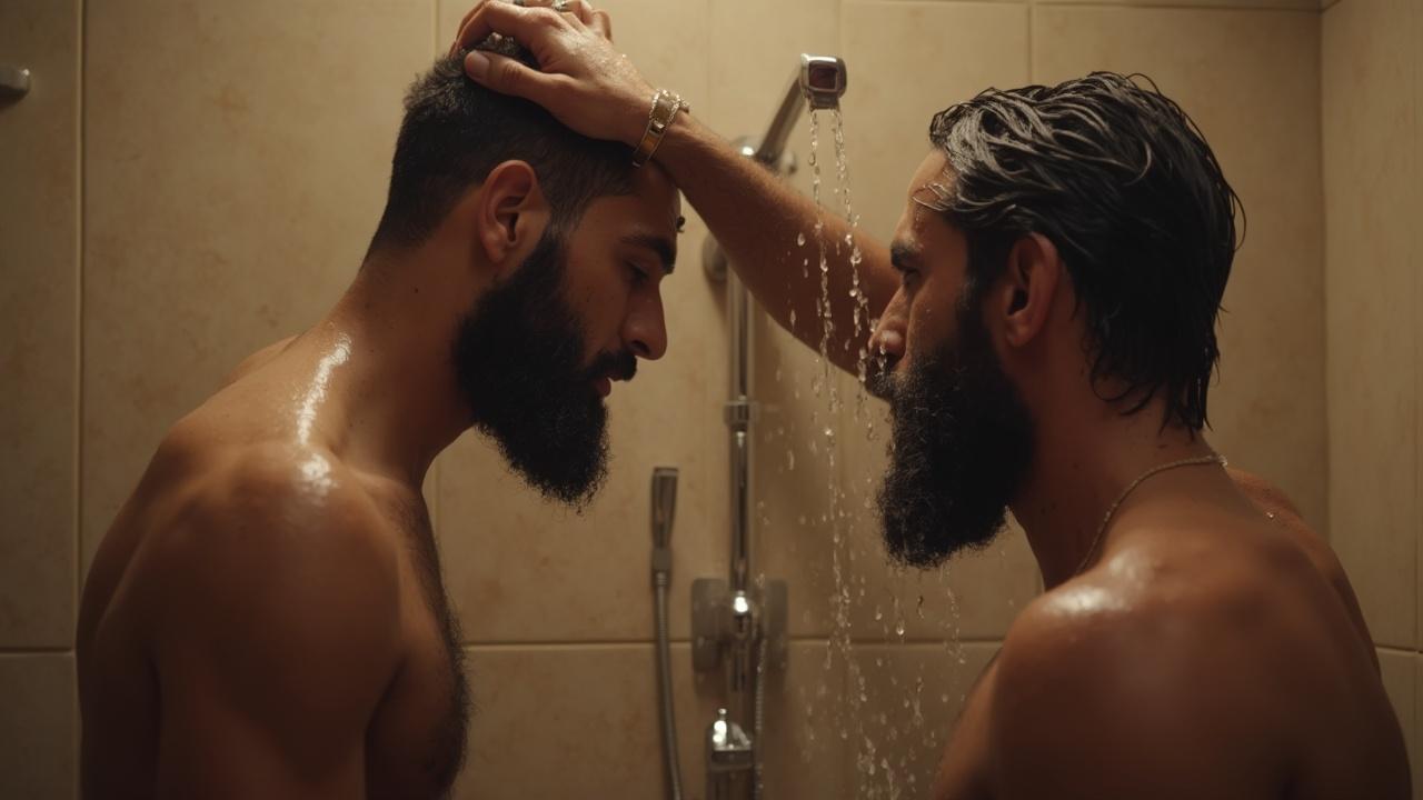 Deux hommes barbus se lavent sous la douche, gouttelettes d'eau sur le visage.