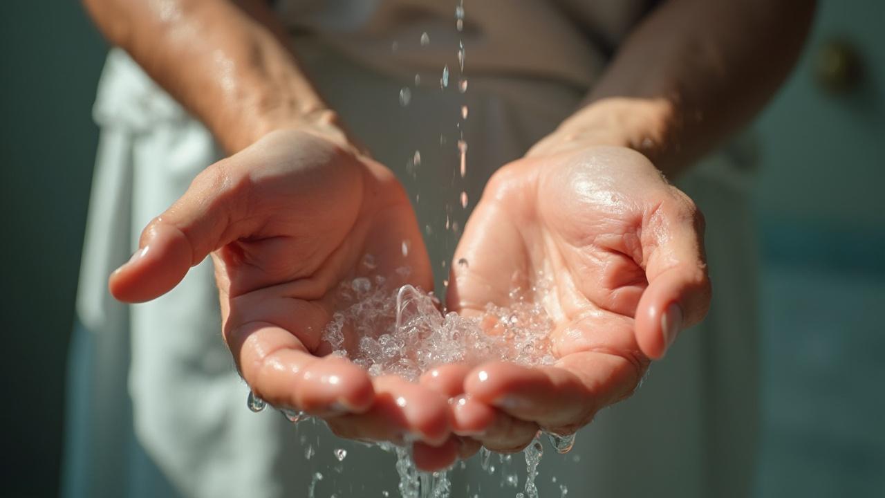 Mains humaines tenant de l'eau fraîche qui s'écoule de leurs doigts.