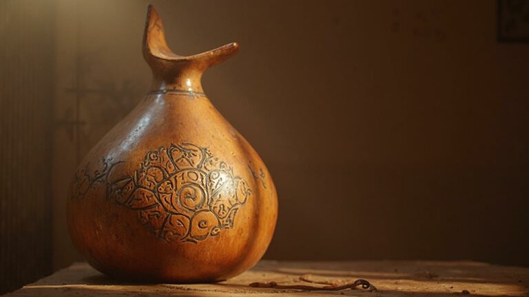 Une gourde rustique décorée d'un motif ethnique sur un fond sombre.