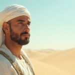 Portrait d'un homme barbu vêtu d'un turban blanc dans un paysage désertique.