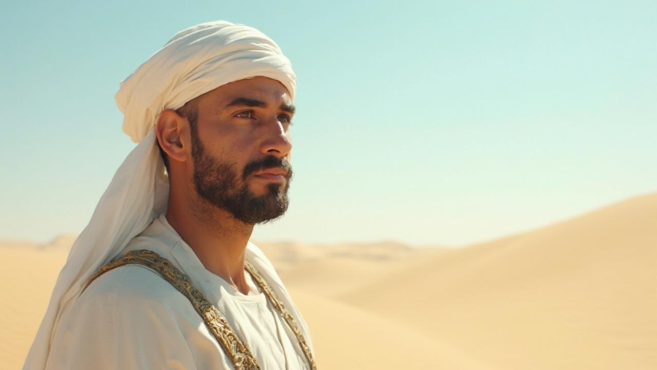 Portrait d'un homme barbu vêtu d'un turban blanc dans un paysage désertique.