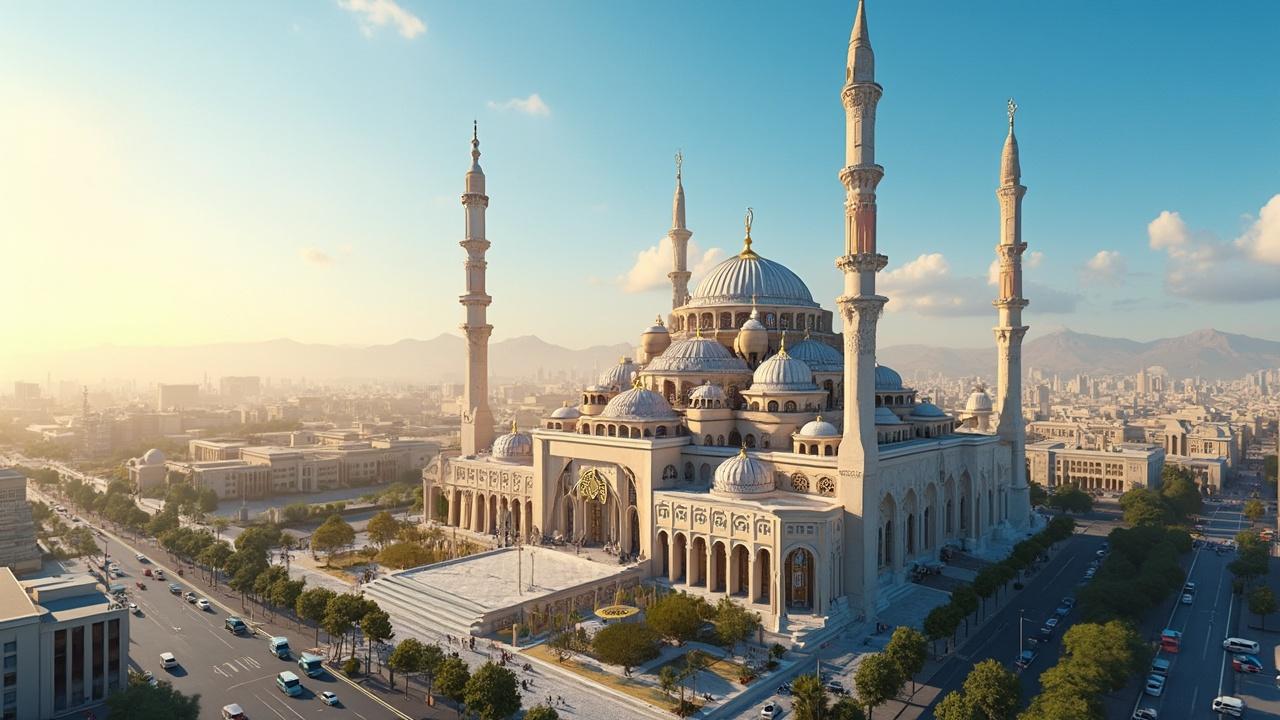 Large mosquée avec plusieurs minarets dans un paysage urbain.