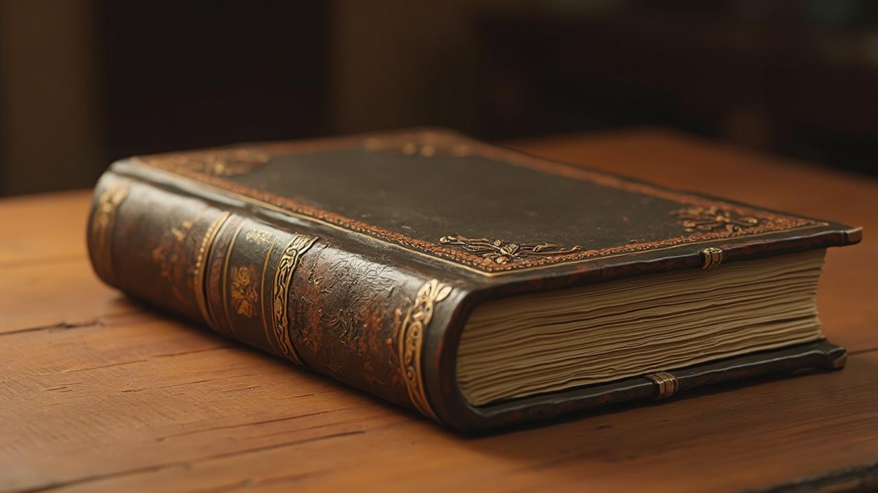 Livre ancien aux pages jaunies et à la couverture en cuir ornée de motifs dorés