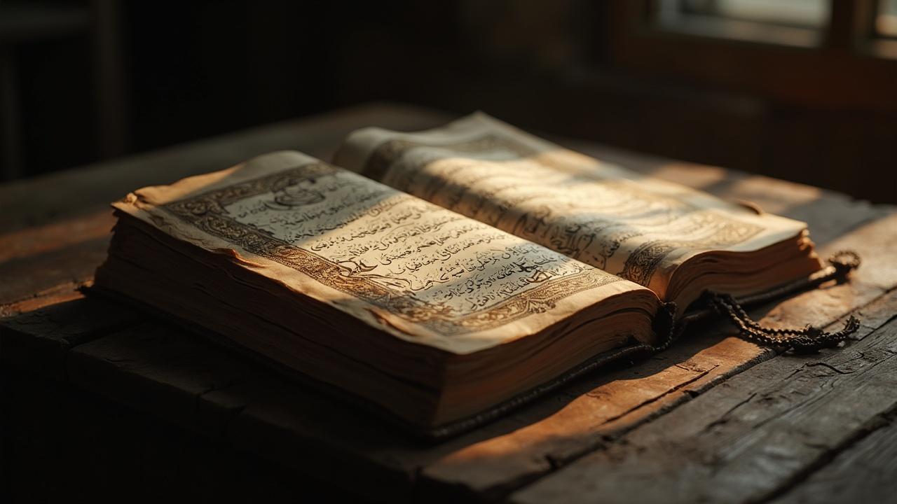 Un ancien livre arabe ouvert sur un bureau sombre et en bois.