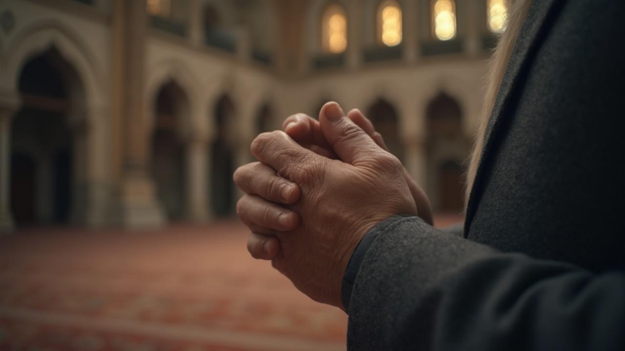 Gros plan des mains d'une personne jointes en prière dans une église