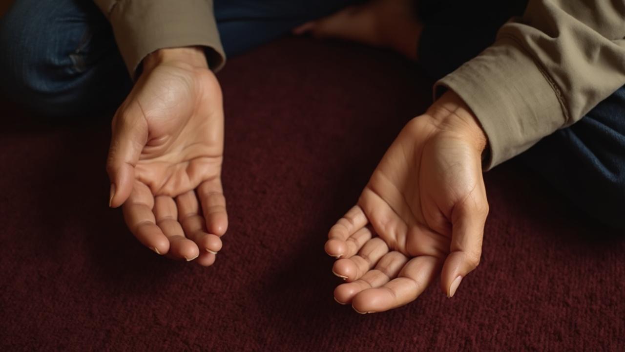 Gros plan sur les mains d'une personne en prière sur un tapis rouge