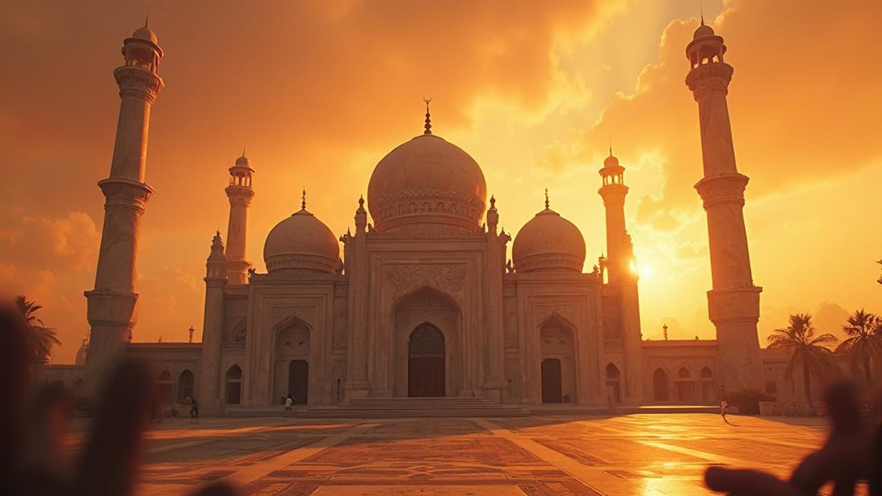 Magnifique mosquée ornementée sous un ciel orangé éclatant