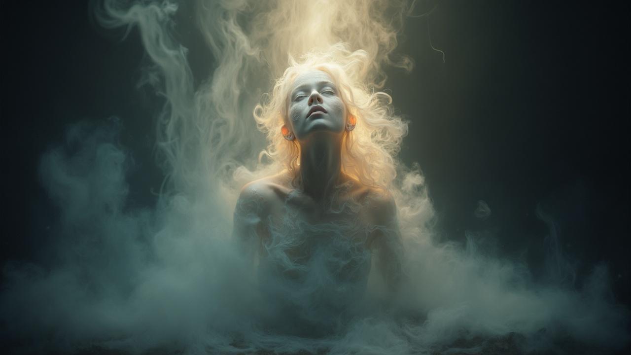 Une femme au regard intense dans un nuage de fumée.