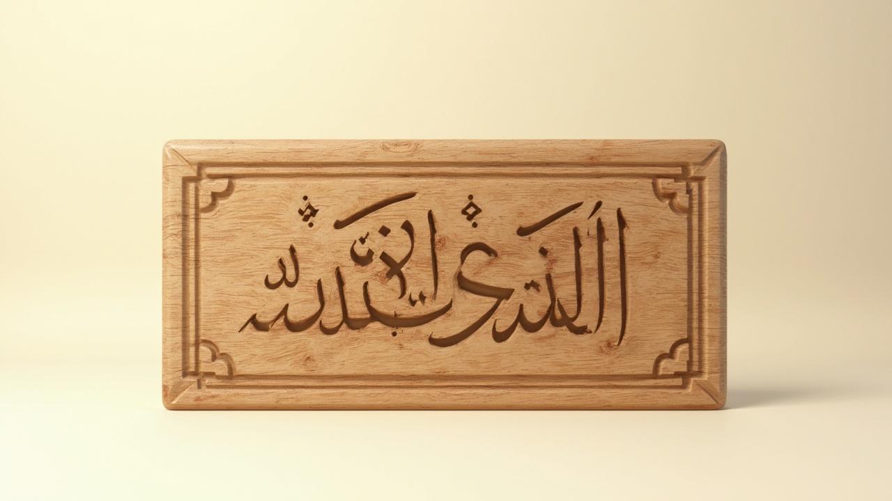 Panneau en bois orné d'une calligraphie arabe sur fond beige.