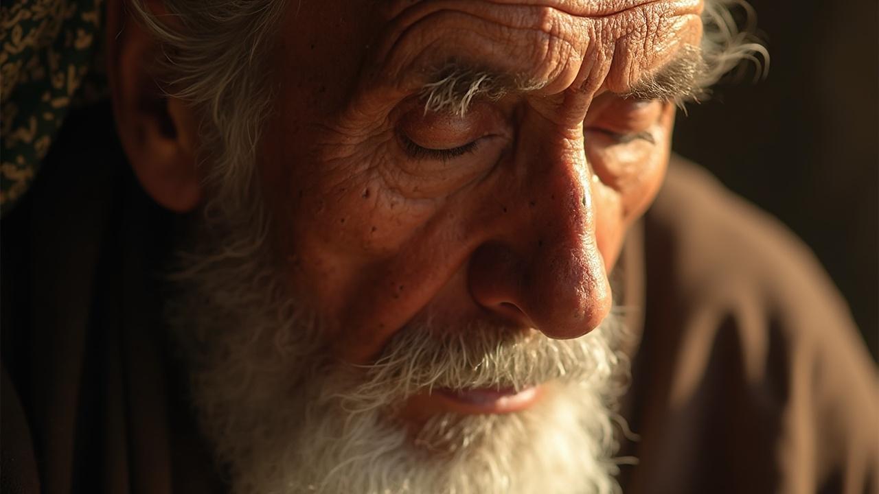 Gros plan sur le visage ridé et barbu d'un homme âgé avec un regard pensif