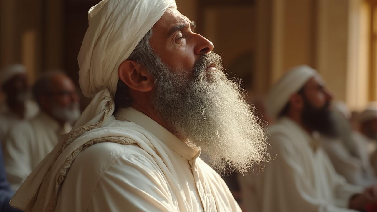 Un homme âgé avec une longue barbe blanche porte un turban blanc