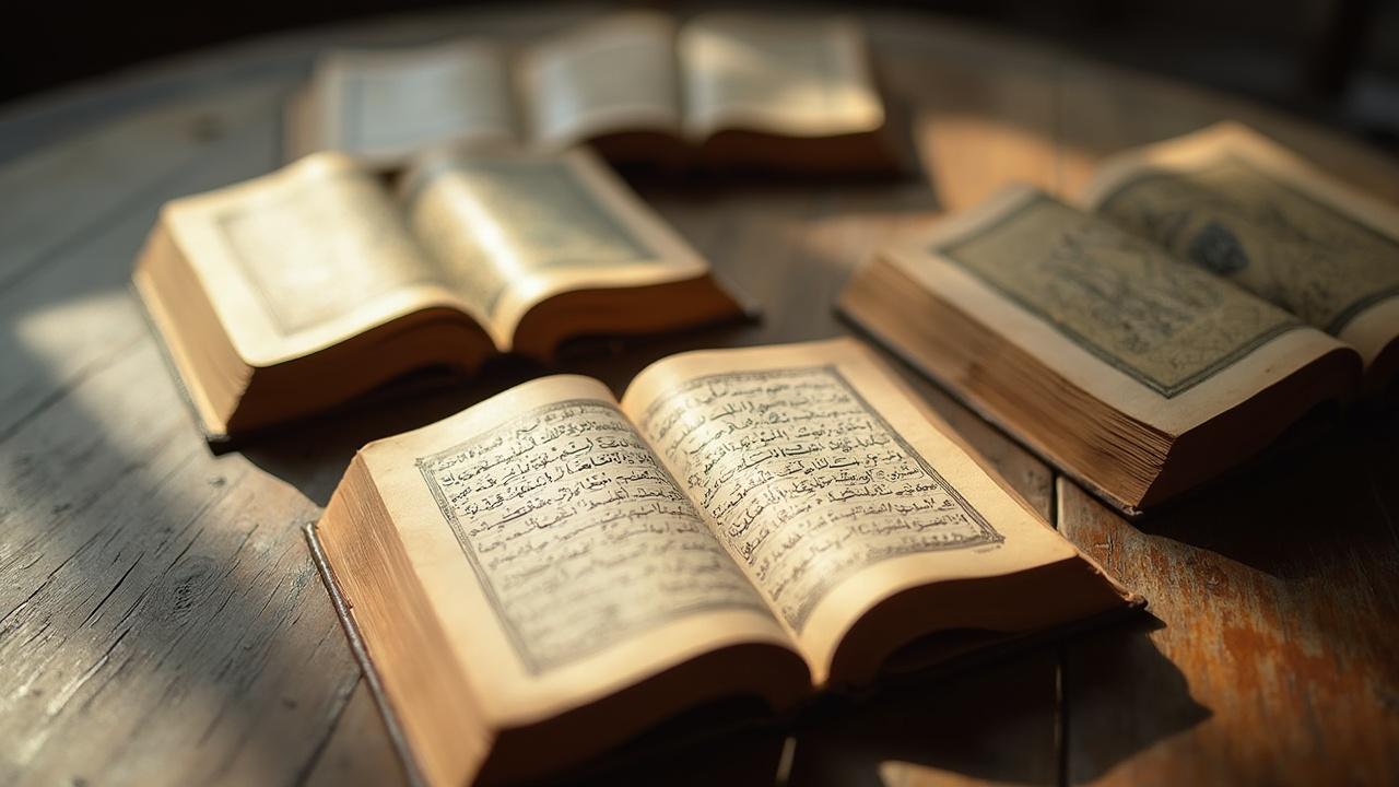 Vieux livres religieux ouverts sur une table en bois