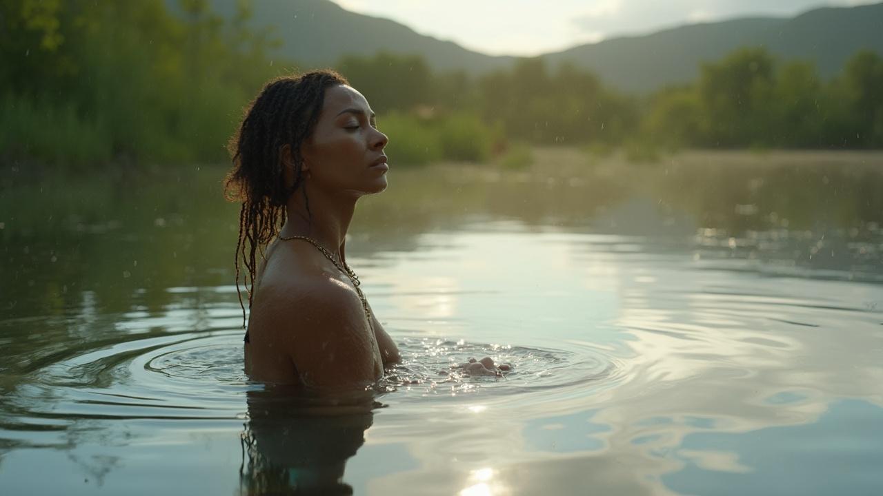 Femme relaxée dans un lac, entourée de montagnes et de verdure