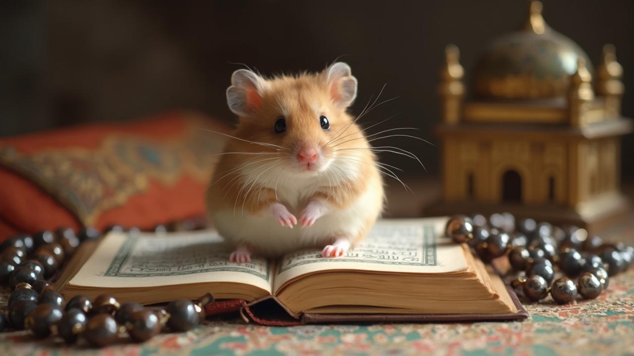 Image d'une mignonne petite souris sur un livre ouvert, entourée de perles de prière.