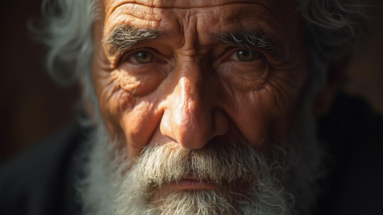 Gros plan sur le visage d'un homme âgé à la barbe blanche