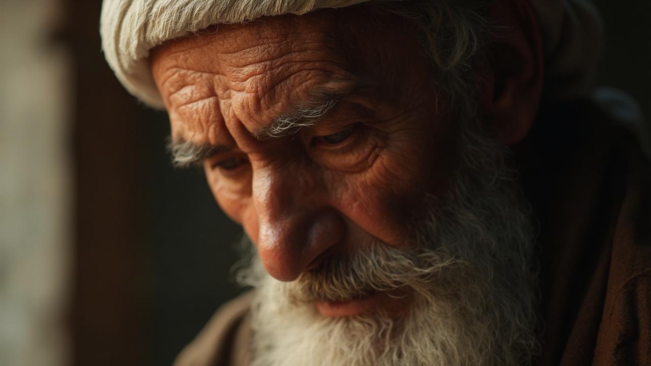 Gros plan du visage d'un homme âgé avec une longue barbe blanche.