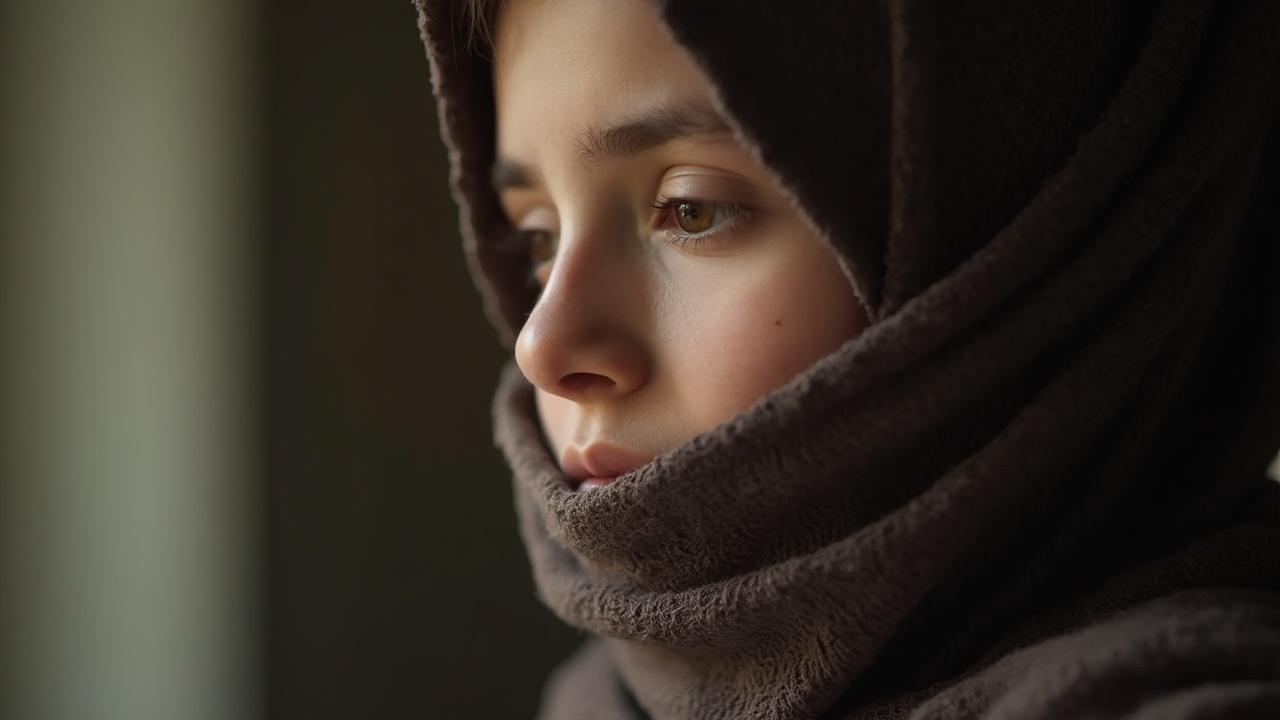 Gros plan sur le visage d'une jeune femme pensive, enveloppée dans un capuchon sombre.