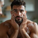 Homme musulman effectuant la grande ablution (ghusl) avec de l'eau courante, rituel de purification islamique