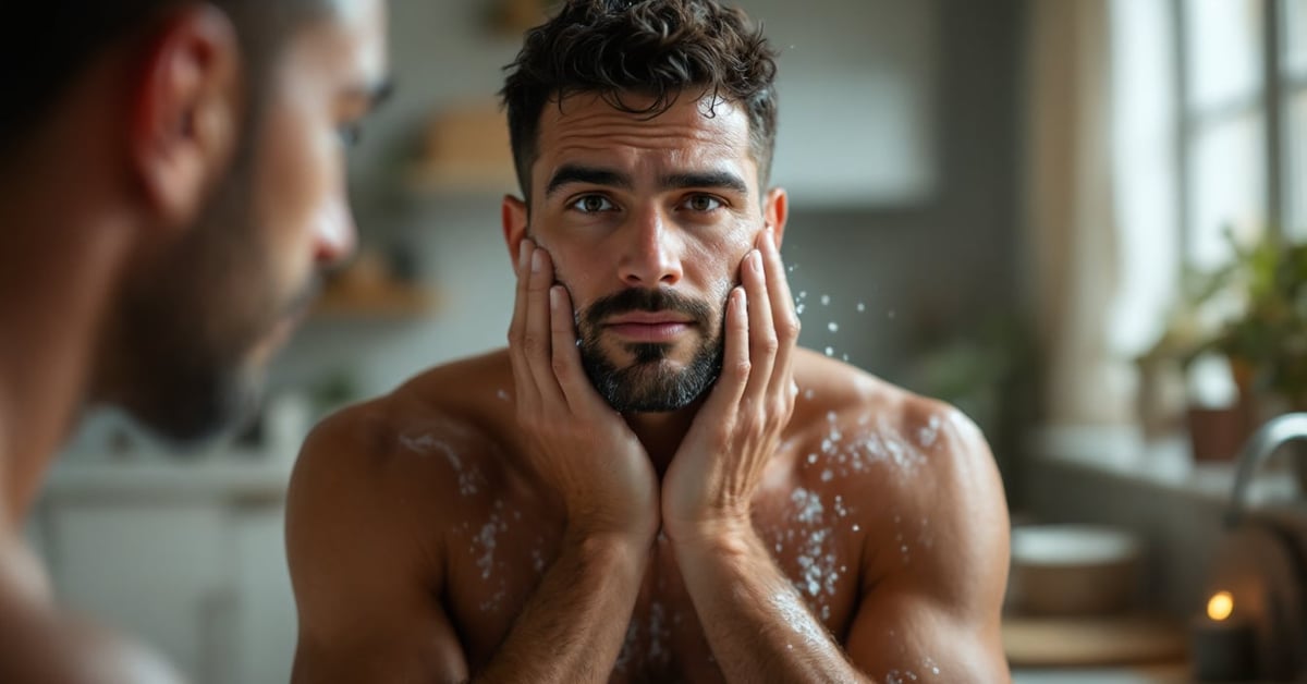 Homme musulman effectuant la grande ablution (ghusl) avec de l'eau courante, rituel de purification islamique