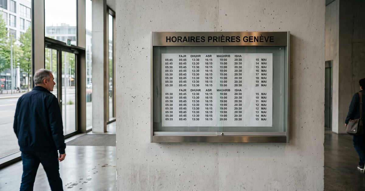 Horaires prières Genève – mosquée et paysage urbain genevois au coucher du soleil