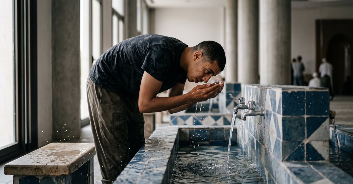 Homme effectuant la grande ablution rituelle avec invocation islamique – ghusl en islam