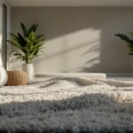 Porte tapis de prière moderne en bois naturel dans un intérieur contemporain épuré