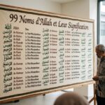 Tableau des 99 noms d'Allah avec leur signification en arabe et français