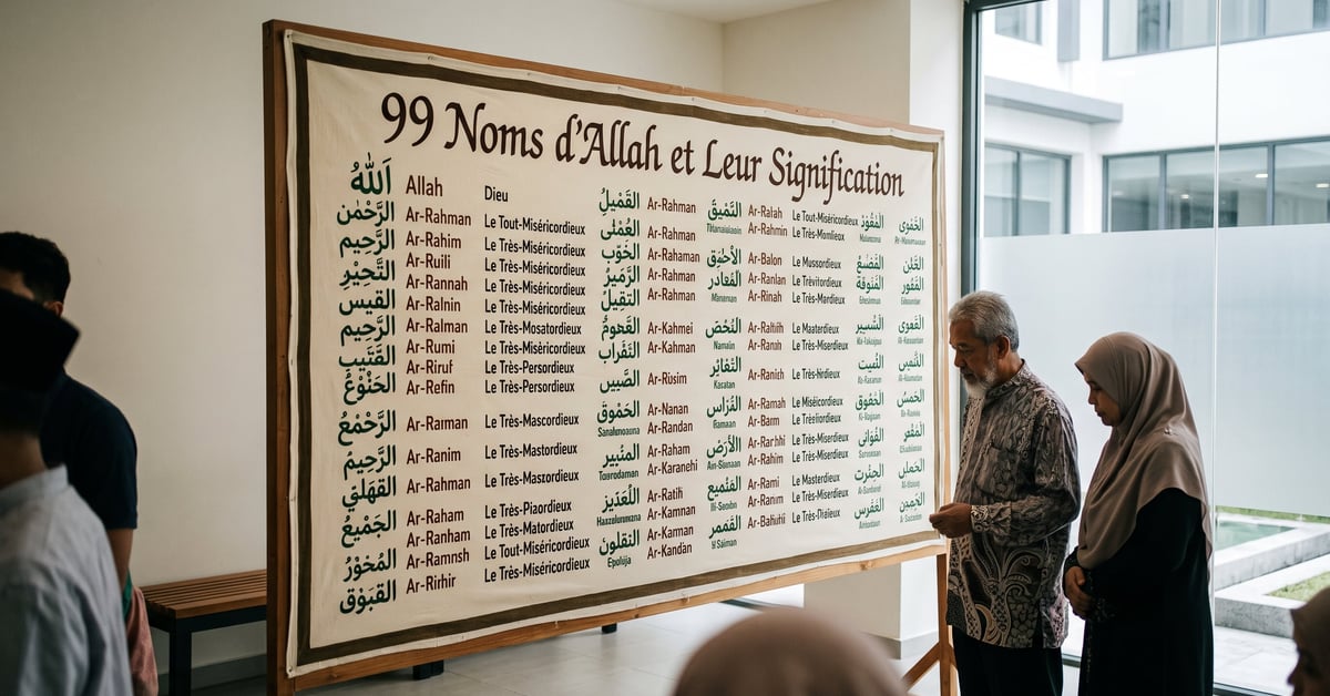Tableau des 99 noms d'Allah avec leur signification en arabe et français