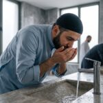 Ablution avant la prière : homme se lavant les mains et le visage selon les rites islamiques