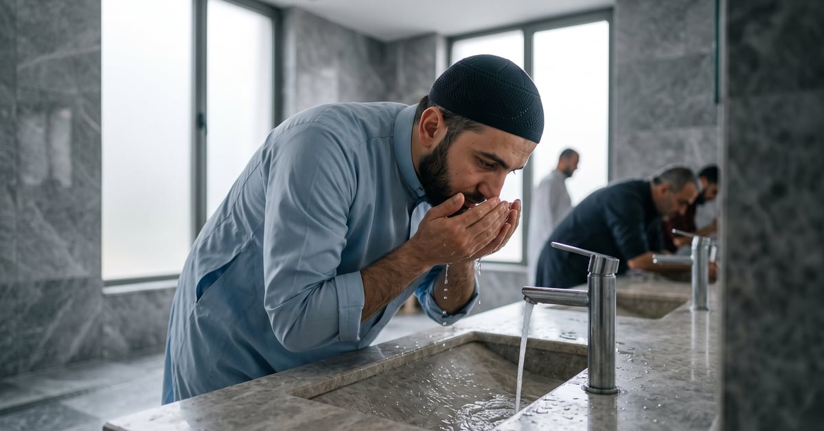 Ablution avant la prière : homme se lavant les mains et le visage selon les rites islamiques