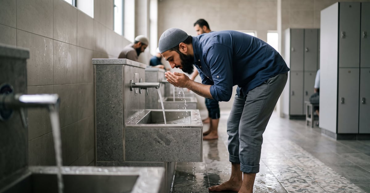 Les ablutions en islam : un musulman effectue le wudhu avant la prière