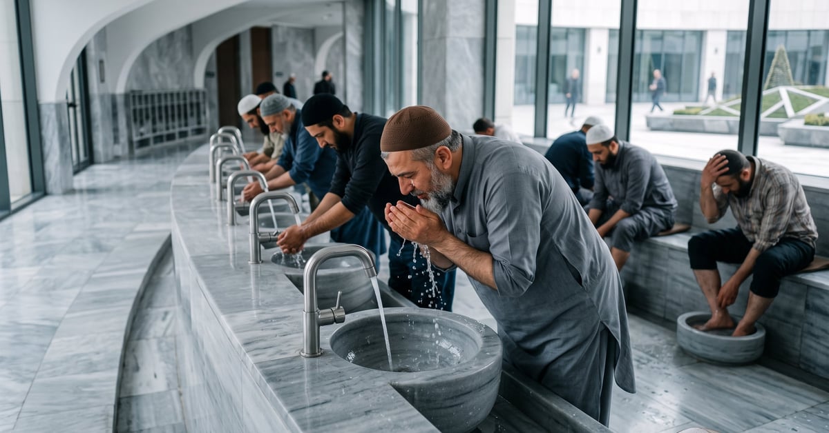 Grand ablution (ghusl) : purification rituelle islamique avec eau coulant sur les mains