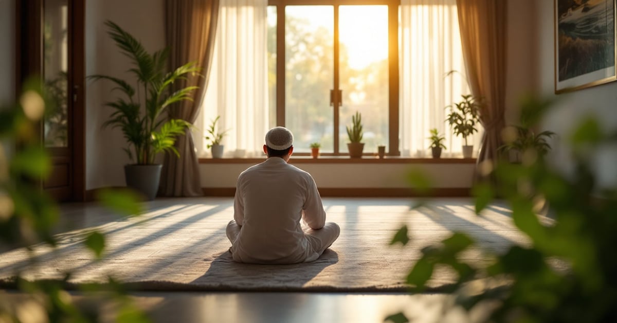 Homme musulman récitant les invocations du matin islam au lever du soleil, les mains ouvertes en signe de supplication