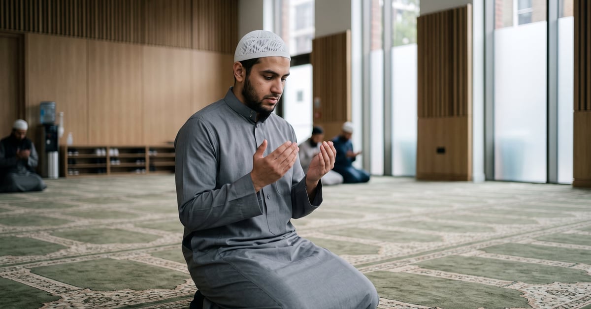 Islam prière de consultation Istikhara : musulman en recueillement spirituel pour demander guidance à Allah